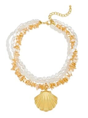 Gold Shell Triple-Strand Pearl & Shell Necklace - White and Cream